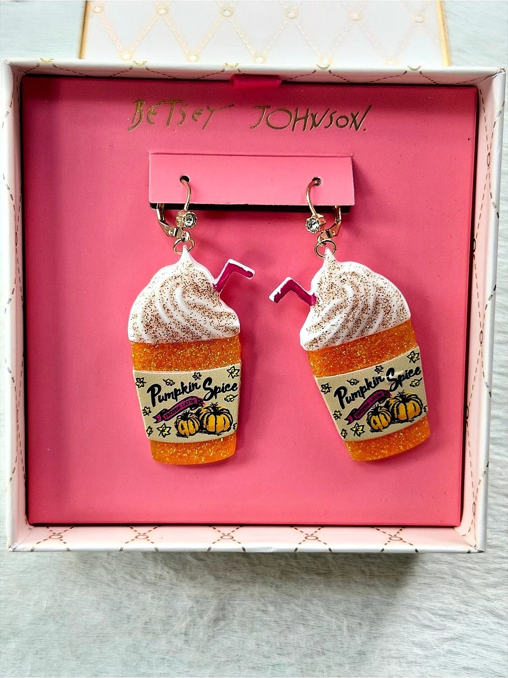 Betsey Johnson Pumpkin Spice Latte Dangle Earrings Glitter Fall Iced Coffee Gift
